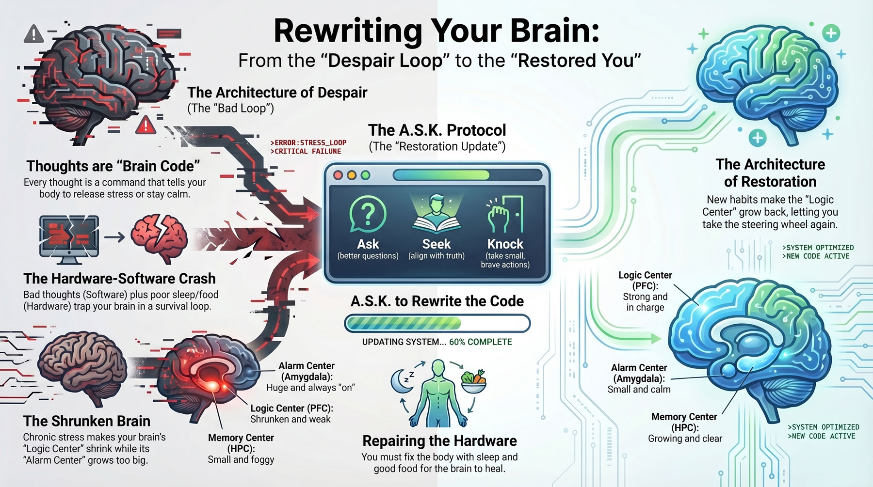 Infographic illustrating Structural Neuroplasticity: Comparing the Architecture of Despair to Gestalt Restoration in the brain as it relates to trauma recovery.