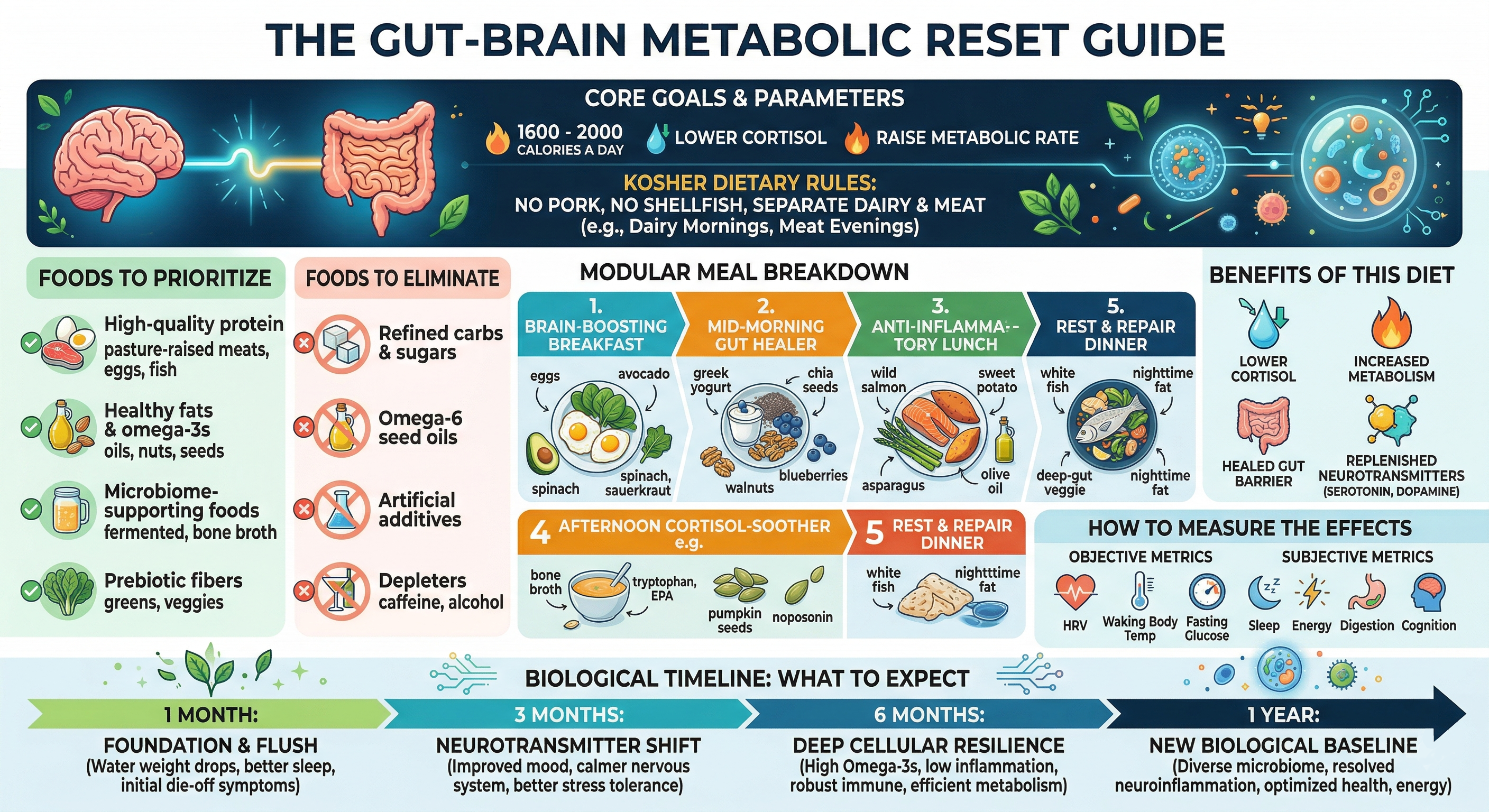 Gut-Brain Metabolic Reset Infographic outlining core goals, kosher orthomolecular dietary rules, and meal breakdown for optimal mental health.