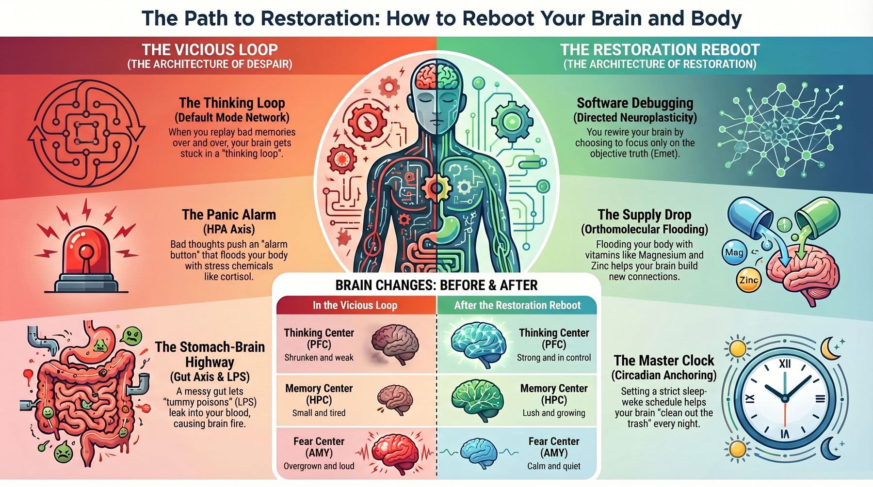 Diagram showing the Unified Model with two-way links between your thinking brain, stress system, and gut-brain connection in depression.